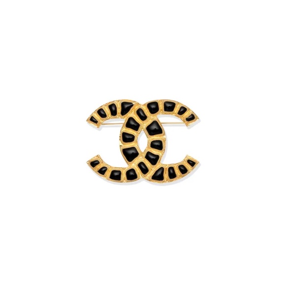 Chanel Gold Tone Black Enamel Patterned CC Pin Brooch - Picture 1 of 7